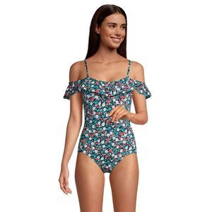 Lands' End Tummy Control Ruffle Off the Shoulder One Piece Swimsuit size 8 Long